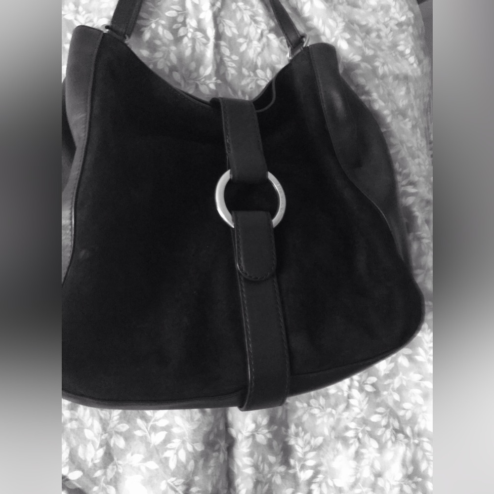 Michael Kors Black suede shoulder bag, adjustable strap. Bag has silver hardware